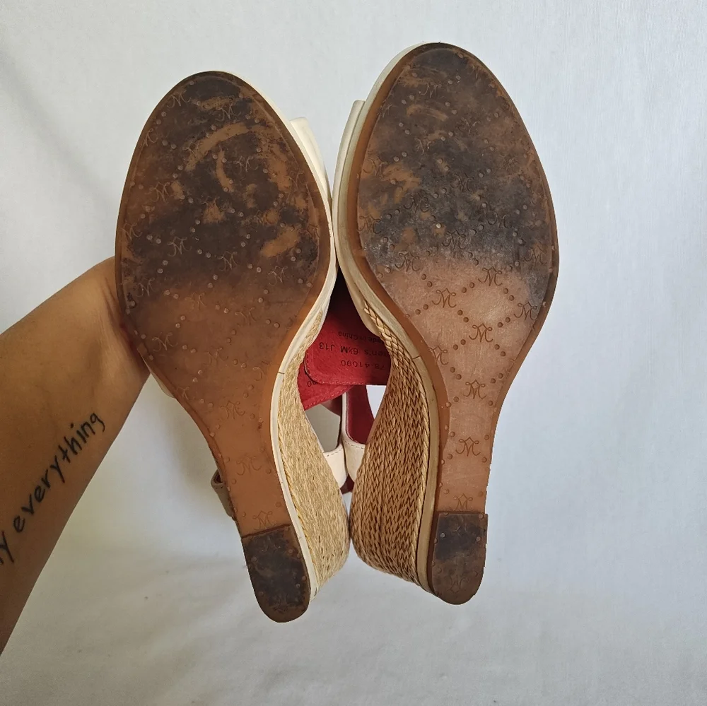 Johnston & Murphy Wedge Sandals Lace Up Espadrilles Cream 6.5 Leather‎ Natural